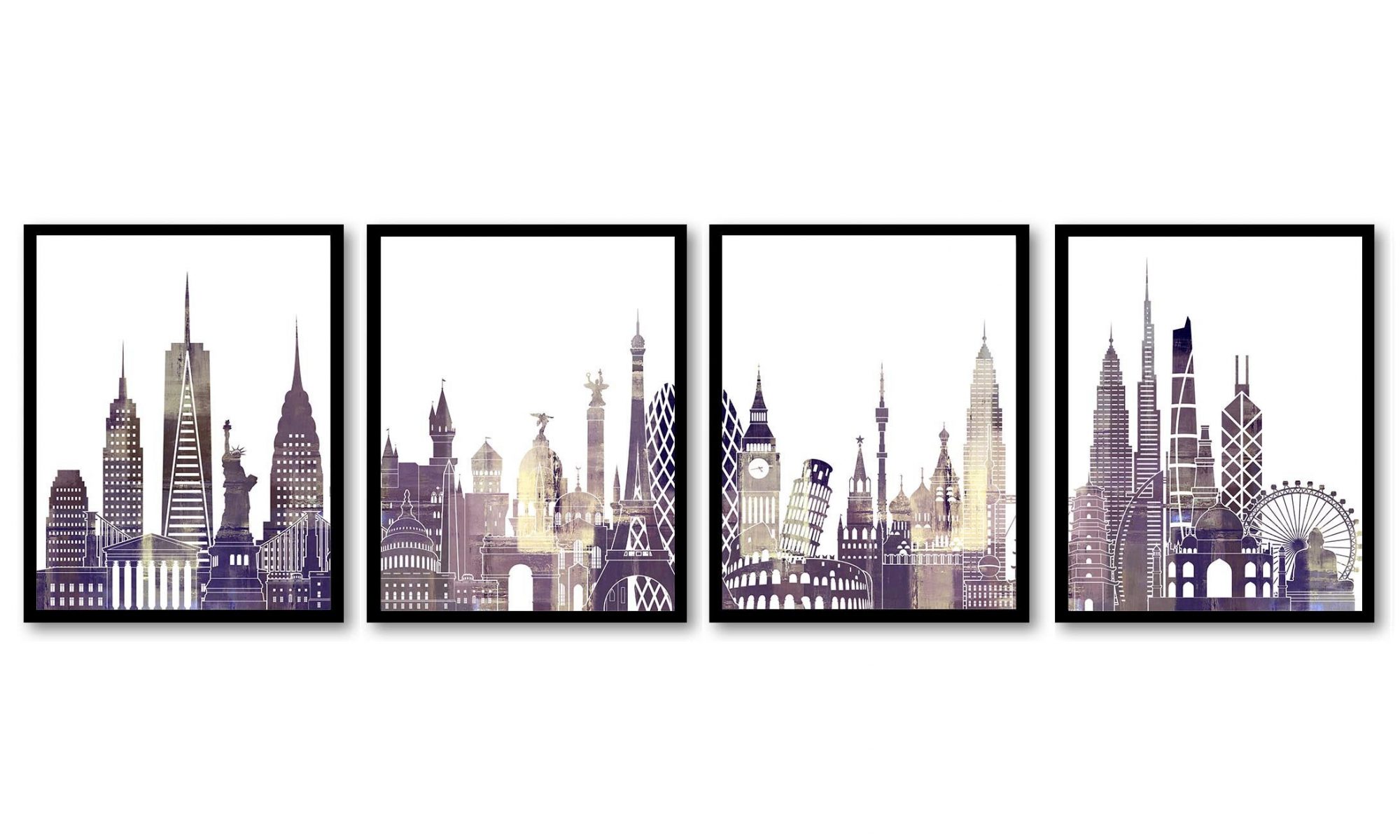 INSTANT DOWNLOAD World Skyline Set of 4 City Cityscape Purple Lilac Beige Cream Famous Landmarks Poster Print Landscape Art Painting