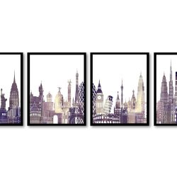 INSTANT DOWNLOAD World Skyline Set of 4 City Cityscape Purple Lilac Beige Cream Famous Landmarks Poster Print Landscape Art Painting