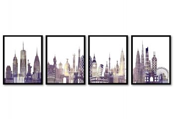 INSTANT DOWNLOAD World Skyline Set of 4 City Cityscape Purple Lilac Beige Cream Famous Landmarks Poster Print Landscape Art Painting