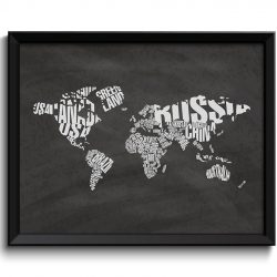 INSTANT DOWNLOAD World Text Word Cloud Typography Map Poster Print Chalk Chalkboard Style Globe Landscape Wall Art Painting Black White