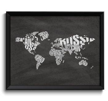 INSTANT DOWNLOAD World Text Word Cloud Typography Map Poster Print Chalk Chalkboard Style Globe Landscape Wall Art Painting Black White