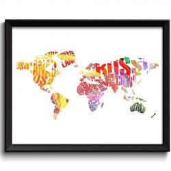 INSTANT DOWNLOAD World Text Words Typography World Map Poster Print Yellow Orange Red Watercolor Word Cloud Globe Landscape Art Painting