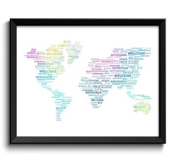 INSTANT DOWNLOAD World Welcome in Different Languages Rainbow Blue Pink Yellow Word Cloud Typography Print Text Print Landscape Wall Art