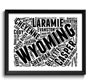 INSTANT DOWNLOAD Wyoming Map State Text Word Cloud Black White Poster Print USA United States Modern Print Landscape Wall Art Painting