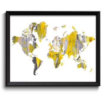 INSTANT DOWNLOAD Yellow Grey Gray Painting World Map Poster Print Globe Modern Abstract Landscape Art Watercolor