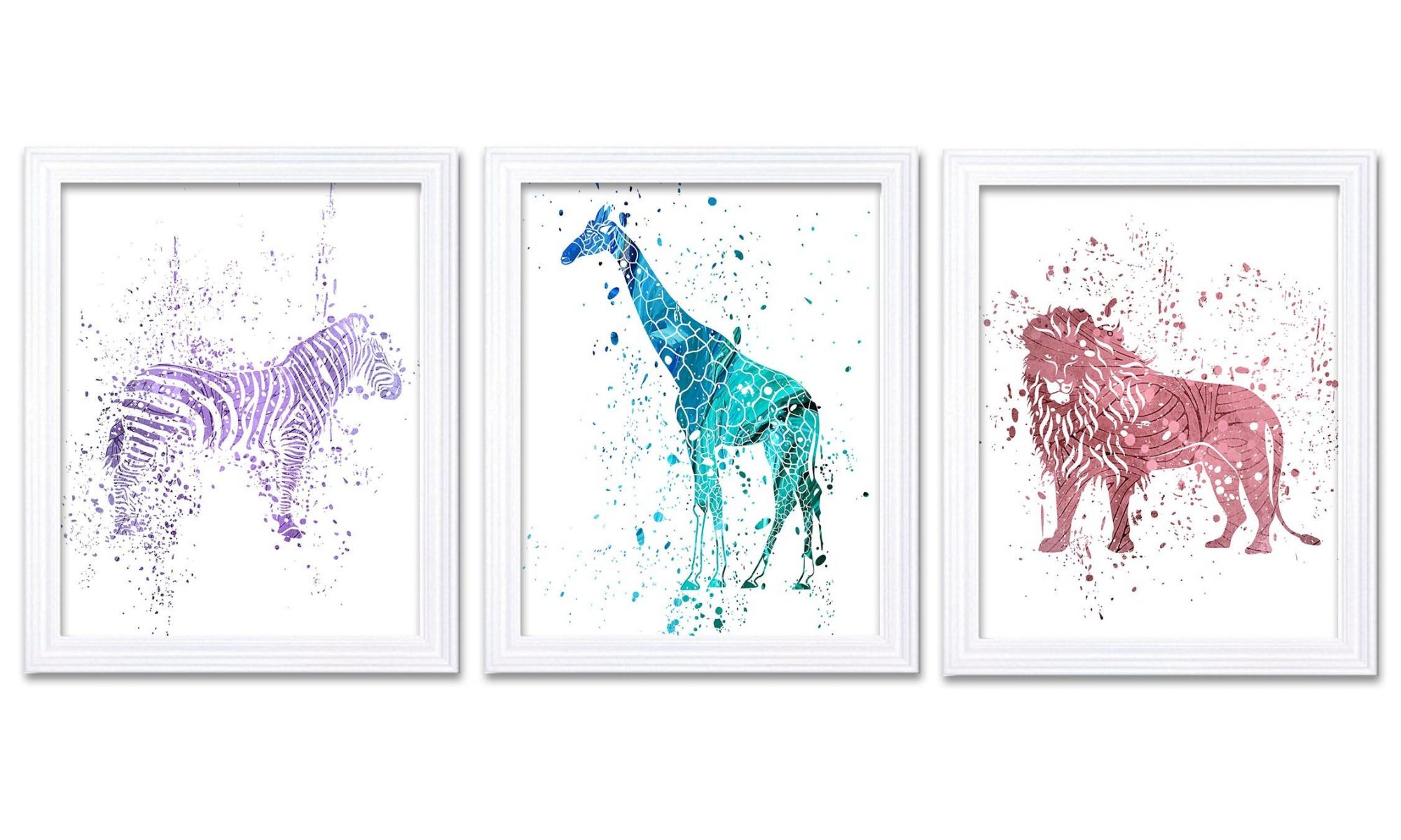 INSTANT DOWNLOAD Zebra Lion Giraffe Wall Art Watercolor Painting Prints Set of 3 Blue Purple Salmon Blue Home Safari Home Decor Jungle