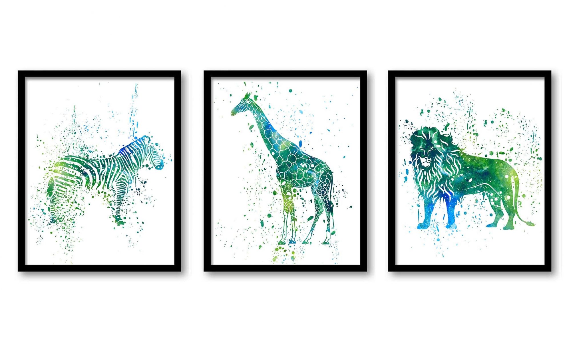 INSTANT DOWNLOAD Zebra Lion Giraffe Wall Art Watercolor Painting Prints Set of 3 Green Blue Yellow Home Safari Home Decor Jungle