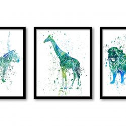 INSTANT DOWNLOAD Zebra Lion Giraffe Wall Art Watercolor Painting Prints Set of 3 Green Blue Yellow Home Safari Home Decor Jungle