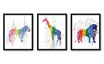 INSTANT DOWNLOAD Zebra Lion Giraffe Wall Art Watercolor Painting Prints Set of 3 Home Safari Home Decor Jungle Red Blue Purple Yellow Green