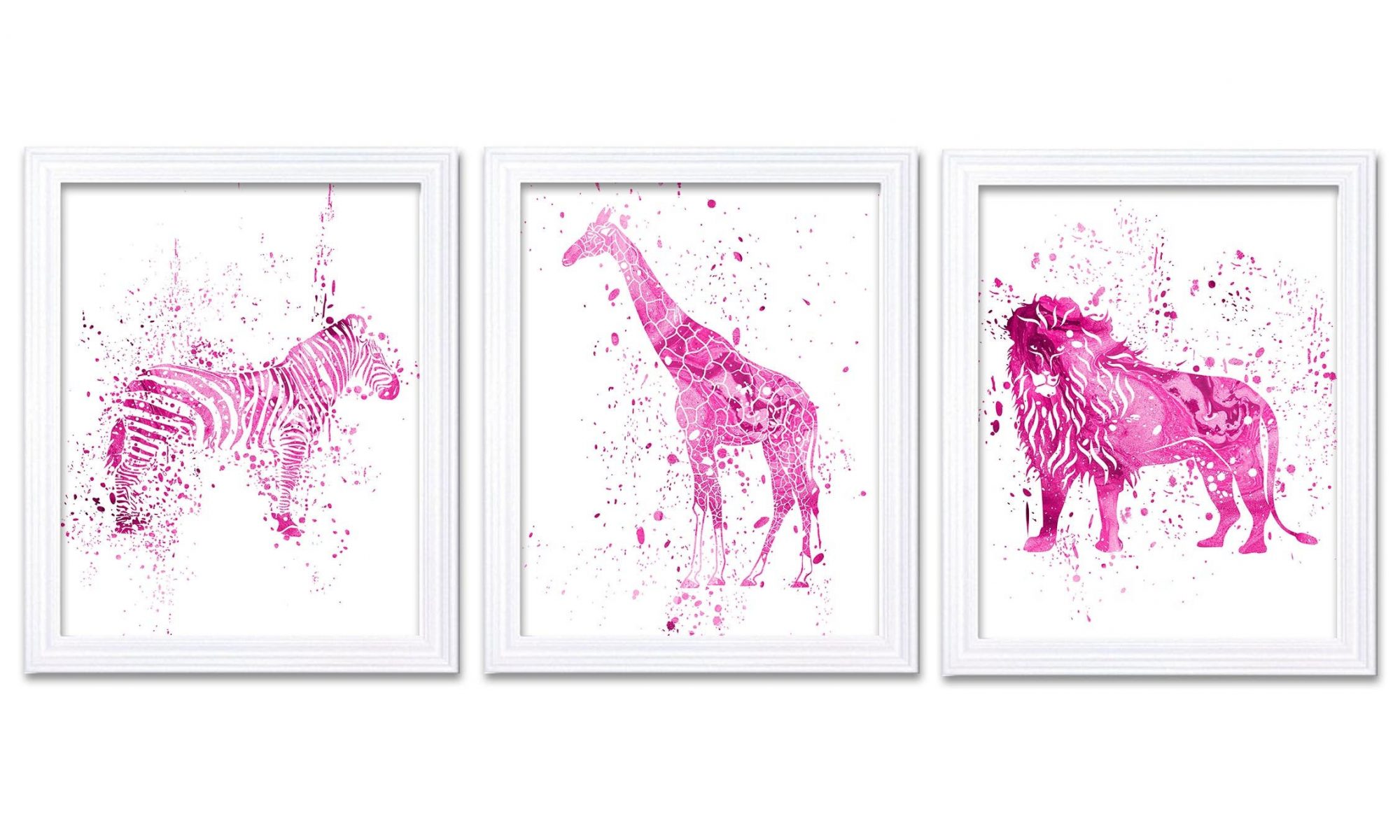 INSTANT DOWNLOAD Zebra Lion Giraffe Wall Art Watercolor Painting Prints Set of 3 Hot Pink Girls Room Home Safari Home Decor Jungle