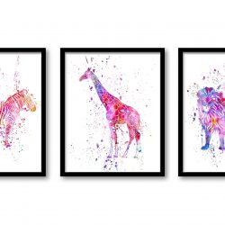 INSTANT DOWNLOAD Zebra Lion Giraffe Wall Art Watercolor Painting Prints Set of 3 Pink Purple Red Blue Home Safari Home Decor Jungle