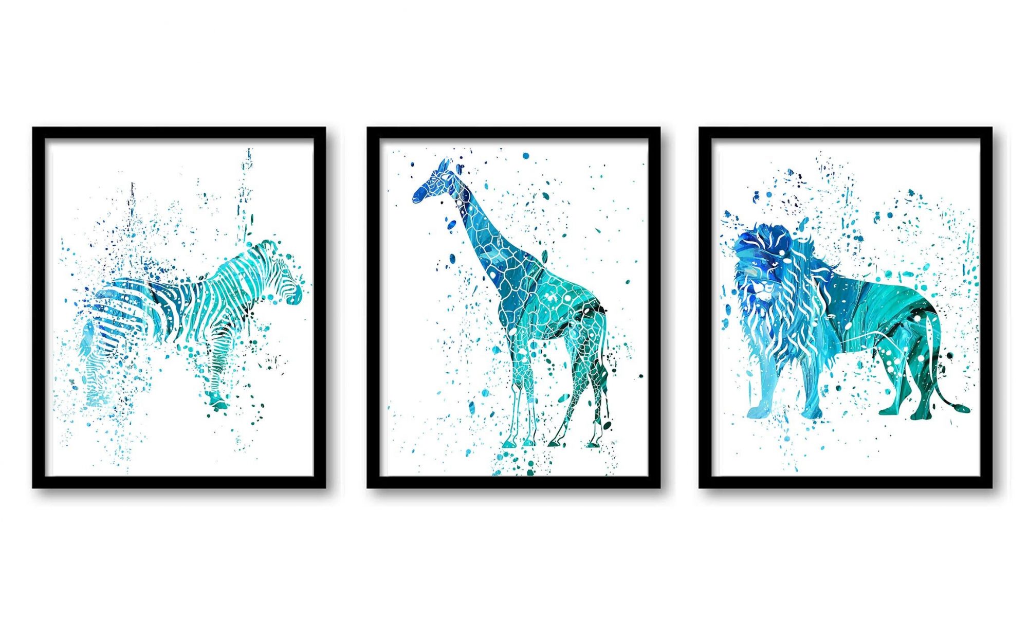 INSTANT DOWNLOAD Zebra Lion Giraffe Wall Art Watercolor Painting Prints Set of 3 Teal Turquoise Blue Home Safari Home Decor Jungle