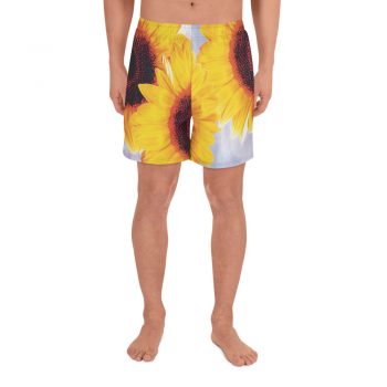 Men's Athletic Long Shorts Beachwear Swimwear Sunflowers Flower Art Print Old Antique Vintage Blue Yellow Brown