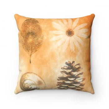 Spun Polyester Square Pillow Pine Cone Leaf Shell Flower Print Beige Gold Brown Nature Art Print Old Antique Vintage - Image 3