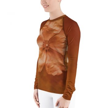 Women's Rash Guard Flower Art Print Old Antique Vintage Botanical Tan Beige Brown - Image 3