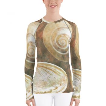 Women's Rash Guard Sea Shells Ocean Grey Silver Beige Sand Art Print Old Antique Vintage