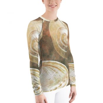 Women's Rash Guard Sea Shells Ocean Grey Silver Beige Sand Art Print Old Antique Vintage - Image 4