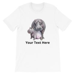 Adult Unisex Short-Sleeve T-Shirt - Watercolor Hippo Mom and Baby - Personalize Customize - Add Your Own Text