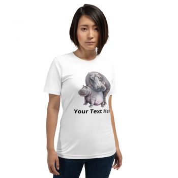 Adult Unisex Short-Sleeve T-Shirt - Watercolor Hippo Mom and Baby - Personalize Customize - Add Your Own Text