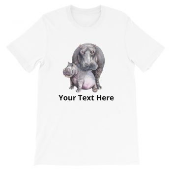 Adult Unisex Short-Sleeve T-Shirt - Watercolor Hippo Mom and Baby - Personalize Customize - Add Your Own Text