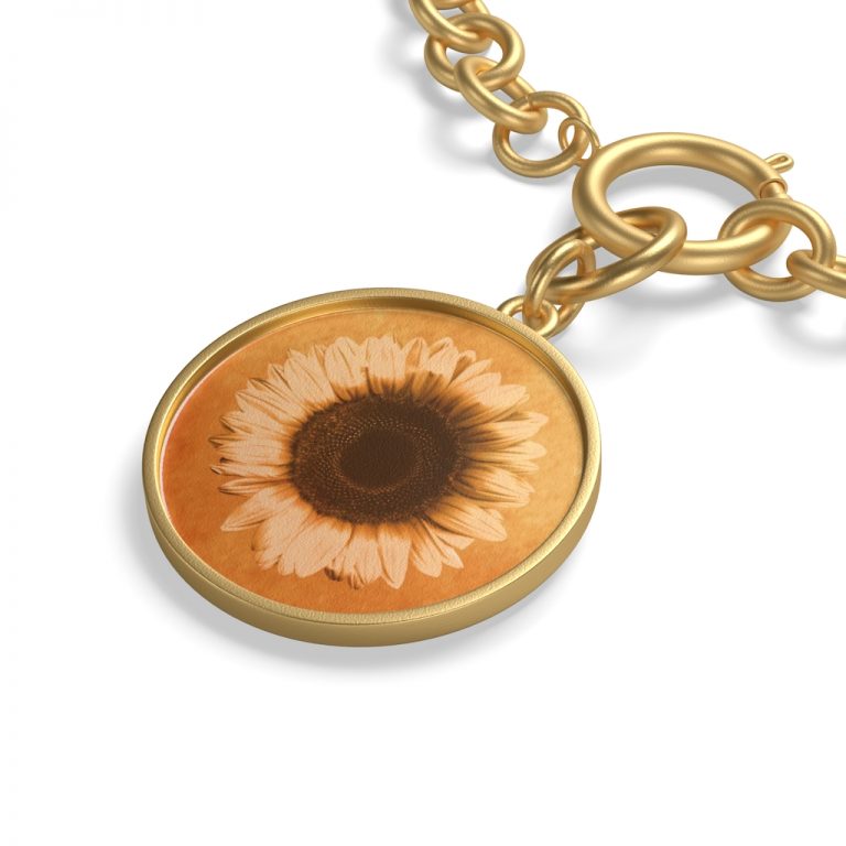 Jewelry Chunky Chain Bracelet Sunflower Flower Art Print Old Antique Vintage Beige Yellow Brown Gold