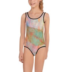 Kids Girls Swimsuit Swimwear Colorful Leaves Leaf Blue Pink Beige Cream Brown Art Print Old Antique Vintage