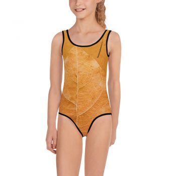 Kids Girls Swimsuit Swimwear Golden Brown Leaf Print Beige Gold Nature Art Print Old Antique Vintage