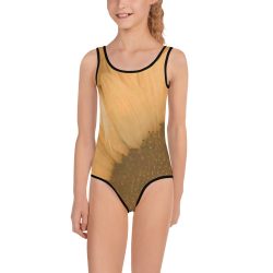 Kids Girls Swimsuit Swimwear Large Sunflower Flower Art Print Old Antique Vintage Beige Yellow Brown