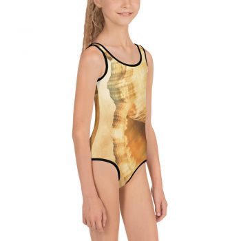 Kids Girls Swimsuit Swimwear Sea Shells Seashells Ocean Cream Beige Brown Gold Art Print Old Antique Vintage