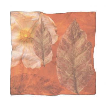 Poly Scarf Chiffon Flower Art Print Old Antique Vintage Botanical Beige Brown Leaf Leaves