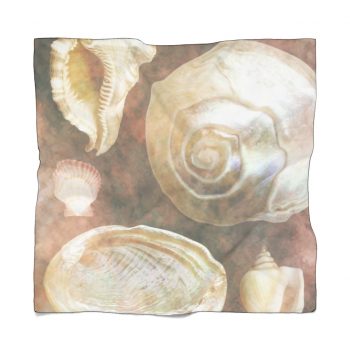 Poly Scarf Chiffon Sea Shells Ocean Grey Silver Beige Sand Art Print Old Antique Vintage