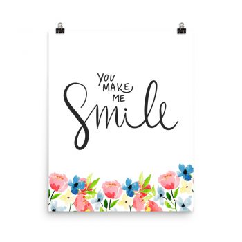 Poster Watercolor Blue and Pink Flowers - You Make Me Smile - Wall Art Portrait Print