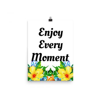 Poster Watercolor Blue Yellow Hibiscus Flowers Enjoy Every Moment Wall Art Portrait Print - Add Your Own 3 Words Text - Personalize Customize