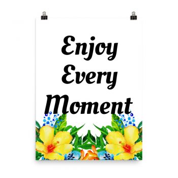 Poster Watercolor Blue Yellow Hibiscus Flowers Enjoy Every Moment Wall Art Portrait Print - Add Your Own 3 Words Text - Personalize Customize