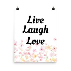 Poster Watercolor Delicate Orange Coral Pink Flowers Live Laugh Love Wall Art Portrait Print - Add Your Own 3 Words Text - Personalize Customize