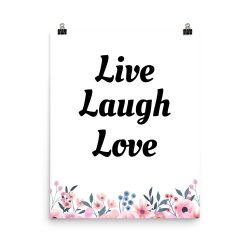 Poster Watercolor Pink and Blue Flowers Live Laugh Love Wall Art Portrait Print - Add Your Own 3 Words Text - Personalize Customize