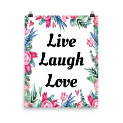 Poster Watercolor Pink Blue Flowers Live Laugh Love Wall Art Portrait Print - Add Your Own 3 Words Text - Personalize Customize