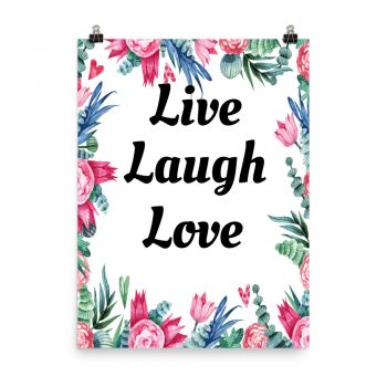 Poster Watercolor Pink Blue Flowers Live Laugh Love Wall Art Portrait Print - Add Your Own 3 Words Text - Personalize Customize