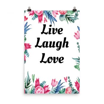 Poster Watercolor Pink Blue Flowers Live Laugh Love Wall Art Portrait Print - Add Your Own 3 Words Text - Personalize Customize