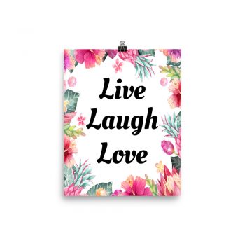 Poster Watercolor Pink Blue Tropical Flowers Live Laugh Love Portrait Print - Add Your Own 3 Words Text - Personalize Customize