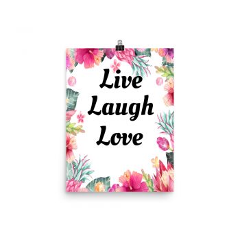 Poster Watercolor Pink Blue Tropical Flowers Live Laugh Love Portrait Print - Add Your Own 3 Words Text - Personalize Customize