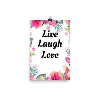 Poster Watercolor Pink Blue Tropical Flowers Live Laugh Love Portrait Print - Add Your Own 3 Words Text - Personalize Customize