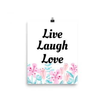 Poster Watercolor Pink Coral Flowers Blue Green Leaves Leaf Live Laugh Love Wall Art Portrait Print - Add Your Own 3 Words Text - Personalize Customize
