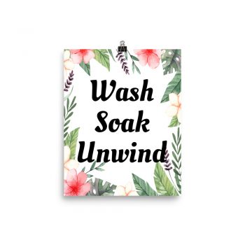 Poster Watercolor Pink Flowers Green Leaves Leaf Wash Soak Unwind Wall Art Portrait Print - Add Your Own 3 Words Text - Personalize Customize