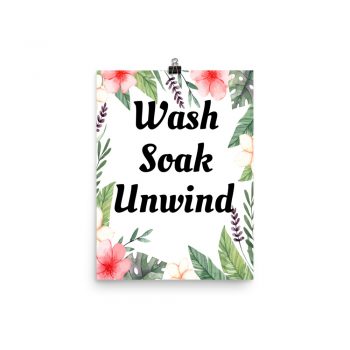 Poster Watercolor Pink Flowers Green Leaves Leaf Wash Soak Unwind Wall Art Portrait Print - Add Your Own 3 Words Text - Personalize Customize