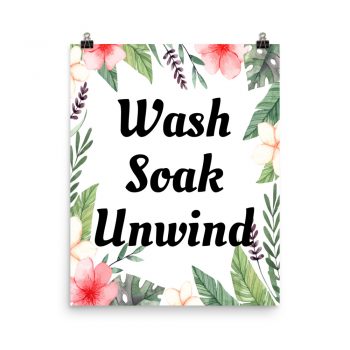 Poster Watercolor Pink Flowers Green Leaves Leaf Wash Soak Unwind Wall Art Portrait Print - Add Your Own 3 Words Text - Personalize Customize