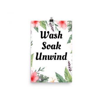 Poster Watercolor Pink Flowers Green Leaves Leaf Wash Soak Unwind Wall Art Portrait Print - Add Your Own 3 Words Text - Personalize Customize