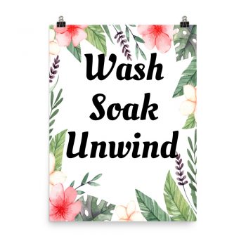 Poster Watercolor Pink Flowers Green Leaves Leaf Wash Soak Unwind Wall Art Portrait Print - Add Your Own 3 Words Text - Personalize Customize