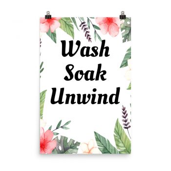 Poster Watercolor Pink Flowers Green Leaves Leaf Wash Soak Unwind Wall Art Portrait Print - Add Your Own 3 Words Text - Personalize Customize