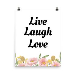 Poster Watercolor Pink Yellow Flowers Beige Green Leaves Live Laugh Love Wall Art Portrait Print - Add Your Own 3 Words Text - Personalize Customize